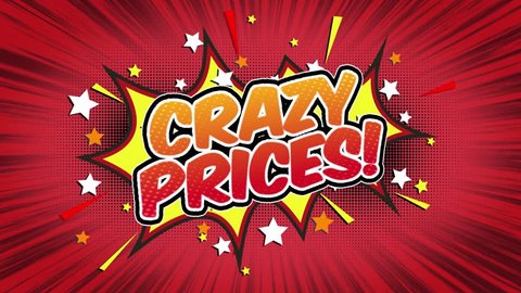 Crazy Prices! Word Retro Cartoon Comic Bubbles Popup Style Expressions Colored Bomb and Smoke Strip Dotted and red Speed Radial line Seamless loop Animation black / green screen 4k doodle background.