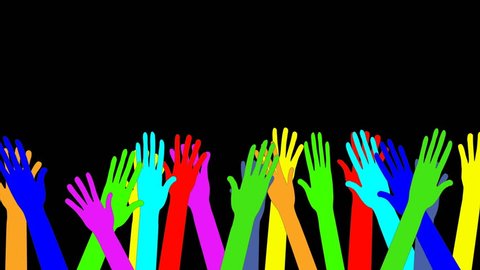 Sea of colorful waving raised hands. Animation. Concept of joy, goodbye, greeting, diversity, welcome. Black background. Copy space.