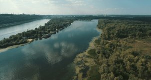 Aerial top down view. Kiev, Ukraine. Hydropark, sports part of the city on the island rspalozhena on the river Dnieper. A beautiful landscape opens from a bird's eye view.

