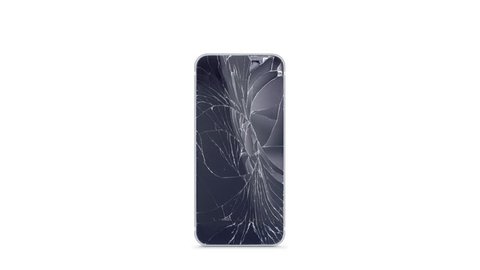 Blank broken phone mockup with cracked screen and fume front view, isolated, 3d rendering. Empty smartphone with colored display. Dropped blinking display template