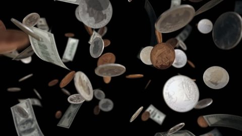 Falling Dollar banknotes and coins loopable with alpha matte. 0ne hundred dollar bills, quarters and pennies falling from top over black background. Video is Seamlessly Loopable