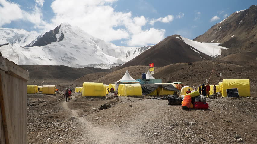 Base camp on mountain climbing expedition at Lenin Peak in Kyrgyzstan