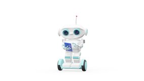 3D Animation Robot on Scooter with Blue Smartphone with Alpha Channel looped Video on a Transparent Background