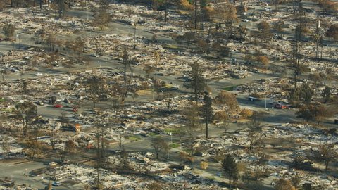 Aerial view of devastation caused by a wildfire rural community township modern homes burned to the ground a devastating natural disaster California USA