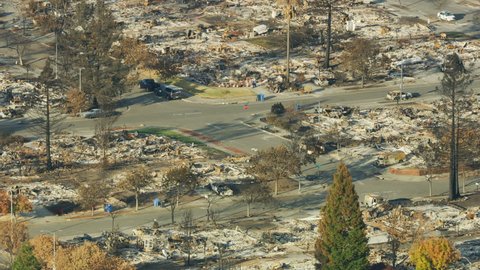 Aerial view of a rural Sonoma community township modern homes burned to the ground after extreme drought devastating natural disaster California USA