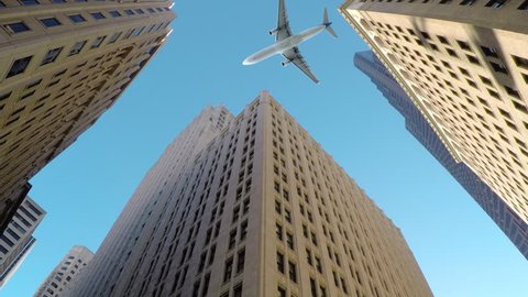 BOTTOM UP, CLOSE UP: Large commercial airplane flies low and close to tall skyscrapers. Breathtaking shot of aeroplane flying over high-rising buildings in business district of metropolitan city.