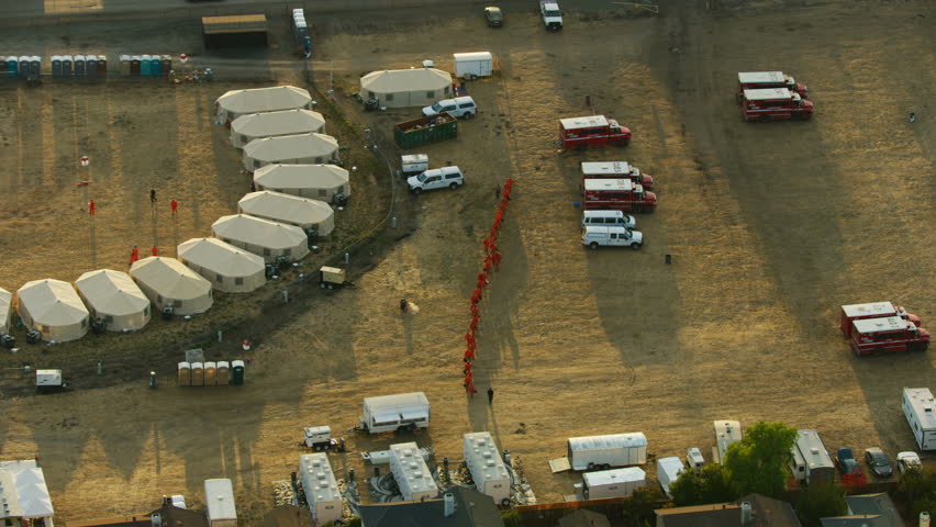 San Francisco - November 2017: Aerial view of accident and disaster tent and trailer camp for professional rescue workers Sonoma California America