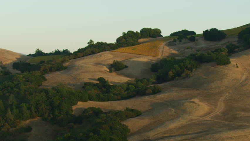 Aerial Landscape view of dry arid rural rolling hills after extreme drought California valley countryside Sonoma Napa USA
