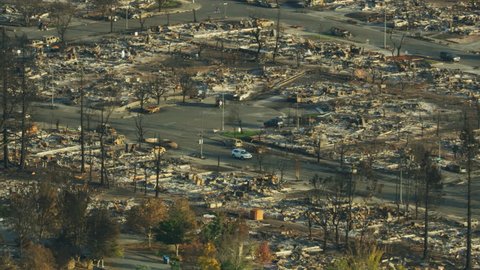 Aerial view of devastation caused by a wildfire rural community township modern property burnt to the ground a natural disaster California America