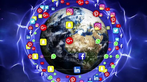 ROME, ITALY - April 14, 2018: Earth and Social Logos Around, Connection Network, Animation, Rendering, Background, Loop, 4k
