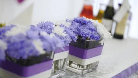 Flowers in glass pots, selective focus. Clip.