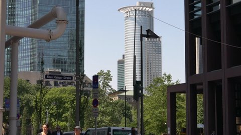 FRANKFURT, GERMANY - circa 2017 : Willy Brandt Platz with popular landmark of European Euro currency symbol in downtown