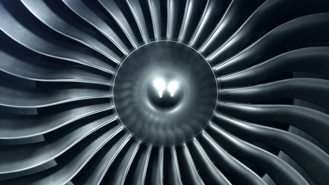 3D Rendering jet engine, close-up view jet engine blades. 4k animation