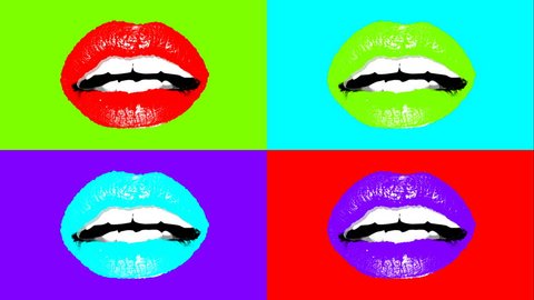 A popular art 3d rendering of sensual young female lips in bright colors. Four pairs of sexy lips shimmer and change colors. It looks like a mixture of arty expression and advertising.