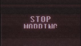 retro videogame STOP MOBBING word text computer old tv glitch interference noise screen animation seamless loop New quality universal vintage motion dynamic animated background colorful joyful video m