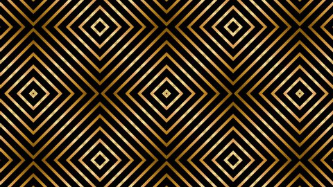 Seamless Art Deco animation of multiple striped rhombus shapes. Loop gold background. 4k.