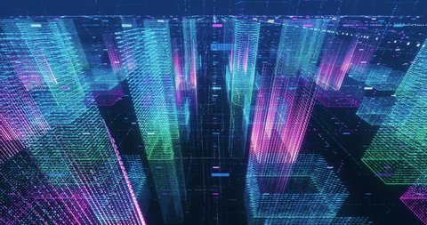 Seamless loop abstract hologram 3D city rendering with futuristic matrix. Digital buildings with a binary code particles network. Technology and connection concept. 