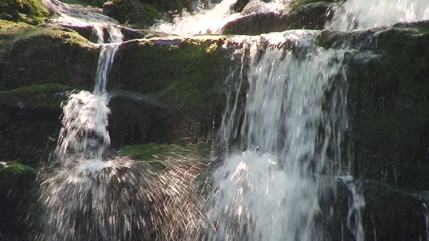 Mountain River water flowing on the stones. Forest. Splatter.