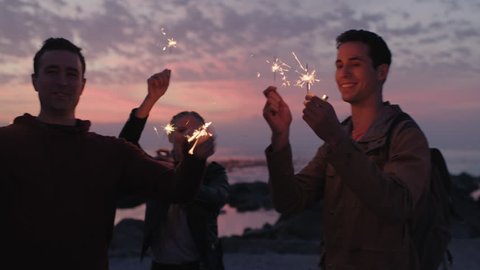 portrait of young friends celebrating new years eve holding sparklers smiling happy cheerful enjoying beach party real people series