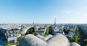 PARIS, FRANCE – SEPTEMBER 2016 : Timelapse over central Paris on a beautiful day with Eiffel Tower and cityscape in view