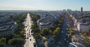 PARIS, FRANCE – SEPTEMBER 2016 : Timelapse over central Paris cityscape on a beautiful day with view of traffic and skyline