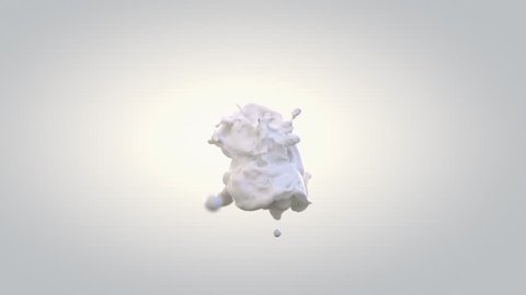 drops of milk colliding in slow motion forming beautiful detailed splash uniting in a single huge drop on white background