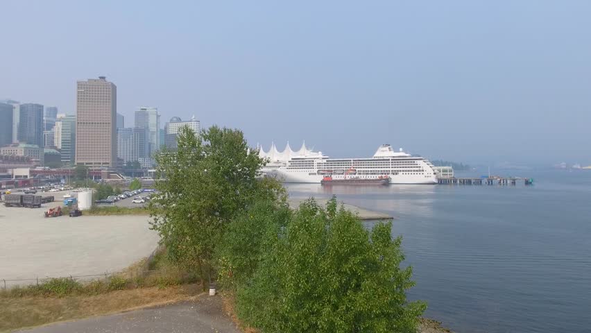 Aerial panoramic skylien of Vancouver from city port, Canada.