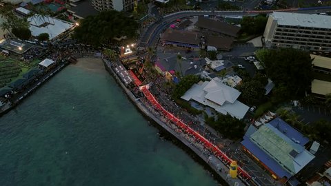aerial view of famous Kailua-Kona Bay waterfront during the finish of Ironman World Championships 2018, Hawaii, USA