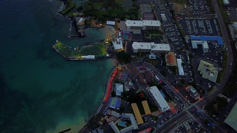 Close-up twilight aerial view of finish line during Ironman World Championships 2018. Kailua-Kona, Hawaii, USA