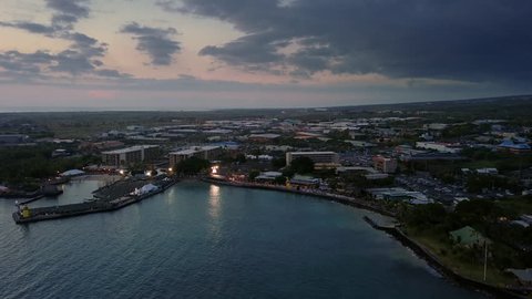 Sunset aerial view of famous Kailua-Kona Bay waterfront during the finish of Ironman World Championships 2018, Hawaii, USA