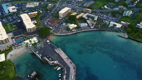 Flying over the famous Hawaiian Kailua-Kona Bay waterfront, USA