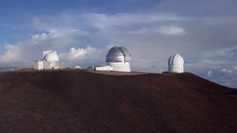 Aerial sunrise general view of Telescopes of Mauna Kea Astronomical Observatory, Hawaii. USA
