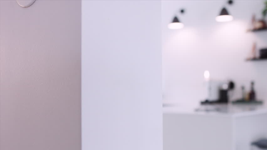 A tracking wide shot inside a modern Scandinavian house. Kitchen and dining area. Slow motion. UltraHD. ProRes444.