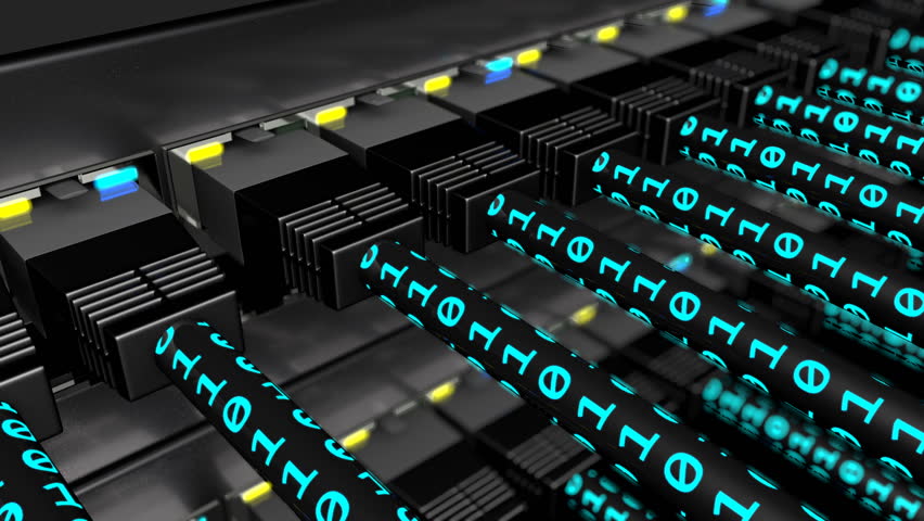 3D animation of Binary data transferring on UTP cables plugged in to network switch. Status LEDs flashes on a network equipment and binary symbols runes through the cables, seamless loop Royalty-Free Stock Footage #1010057105