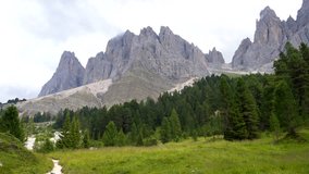 Santa Magdalena Dolomites, Italy - July 21, 2017: Video on Santa Magdalena St Maddalena Val di Funes in Dolomites Italian Alps with Furchetta mountain peak