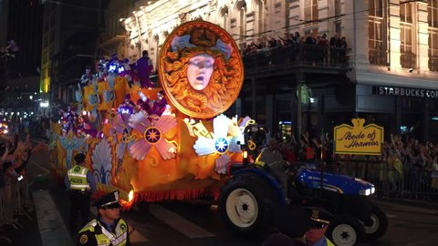 NEW ORLEANS, LOUISIANA - FEBRUARY 9: Adobe of Hermes float Mardi Gras parade in New Orleans, Louisiana, February 9, 2018.