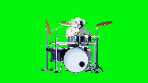 Funny astronaut play to drums . Green screen. Realistic 4k animation.