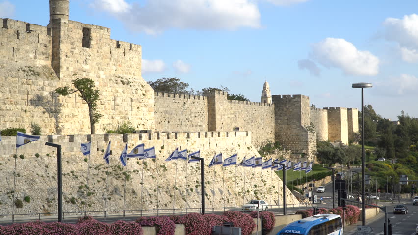 Israel flag above the old city of Jerusalem Israel