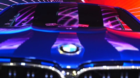 Closeup Of Illuminated BMW Car Displayed At Auto Show. Thailand, Bangkok - 08 April 2018.