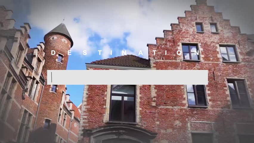Medieval house in Brussels, animation with scaling letters writing destination and Brussels