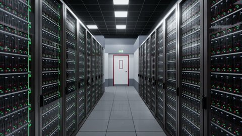 Camera fly around server room in data center. 3d cgi 60 fps loopable animation.