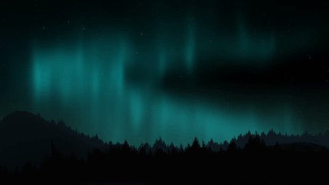 Arctic bright northern light over forest landscape. Realistic aurora borealis digital motion animation.