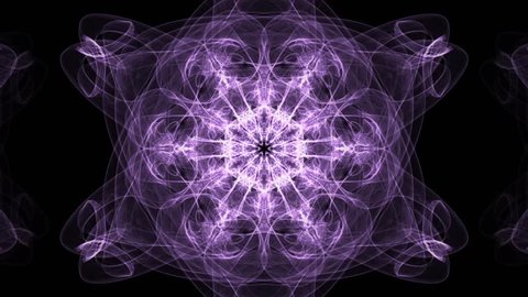 Live purple fractal mandala, video tunnel on black background. Animated symmetric patterns for spiritual and meditation training.