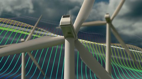 Clean energy wind turbines with computer animation background