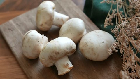 Button mushroom or white mushroom or champignon mushroom. set on table.