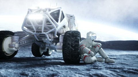 Astronaut on the moon with rover. Realistic 4k animation. ஸ்டாக் வீடியோ