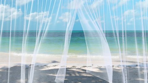 Combination of live footage and 3D animation of the white curtain revealing a peaceful tropical beach