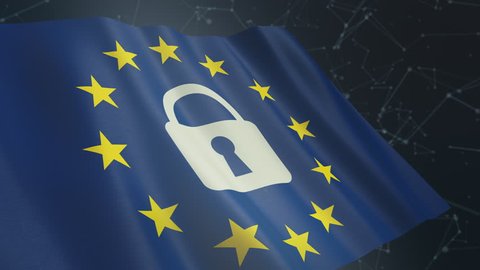 european union flag with a padlock and an abstract network system on background, concept of general data protection regulation (3d render) loop, alpha mask