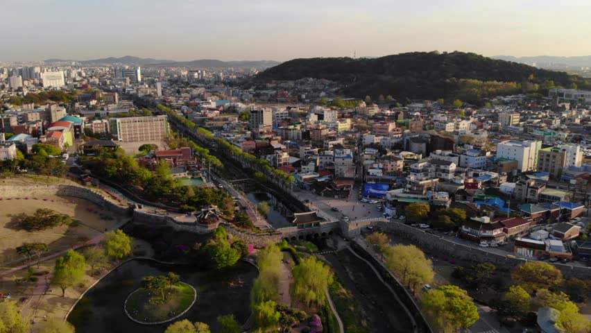 Footage Aerial view of Suwon city in spring,South Korea.