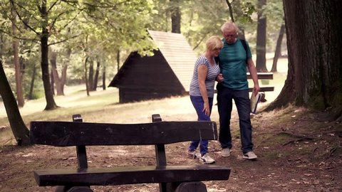 Senior couple walking in the park, woman having problem with leg
